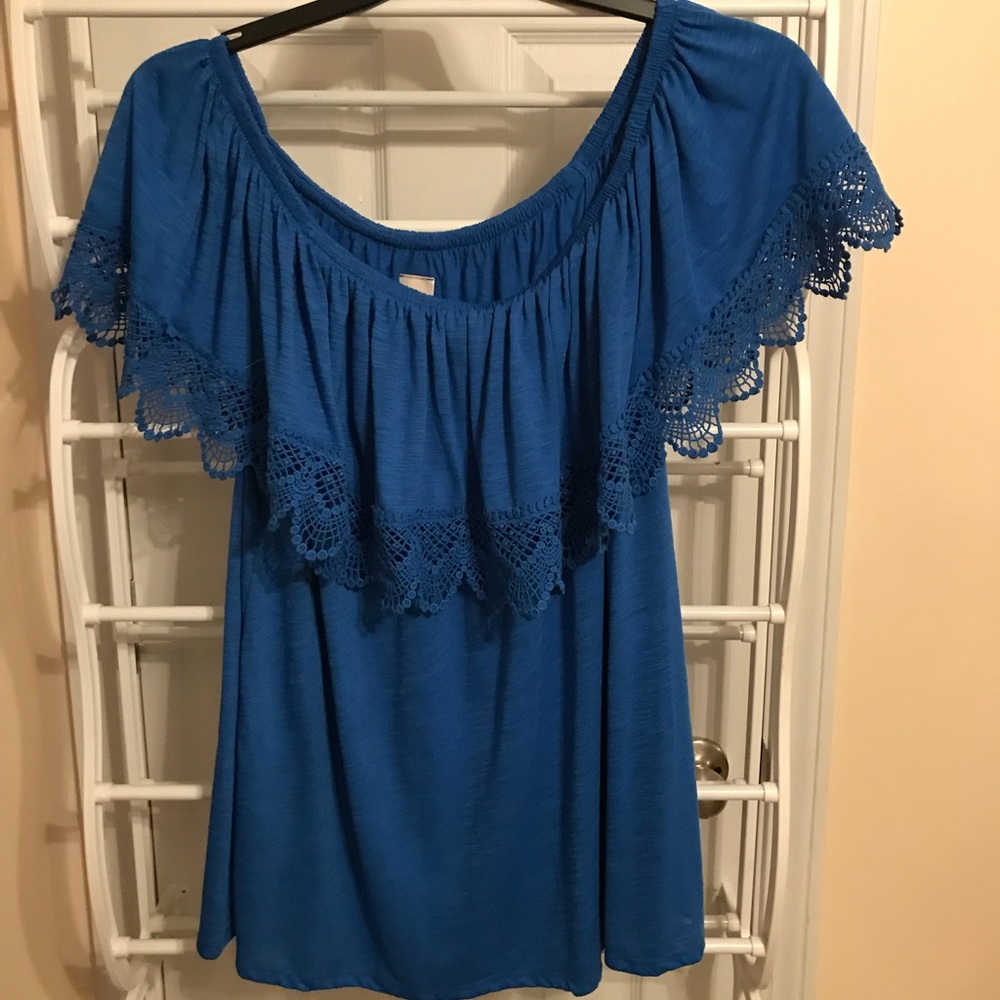 Stretchy light blue off the shoulder top